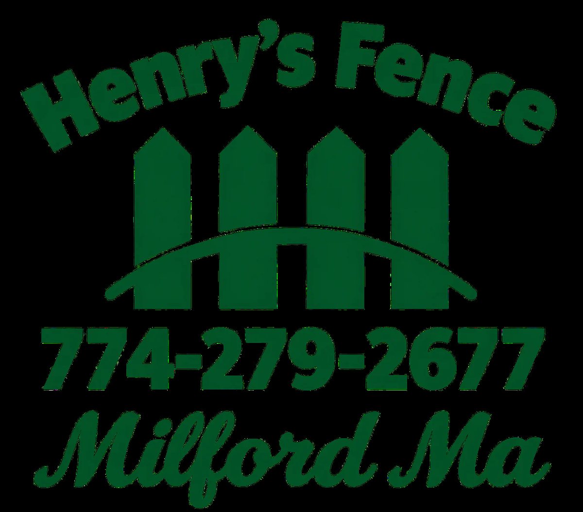 Henry's Fence company logo with green pickets and contact number 774-279-2677 for Milford, MA